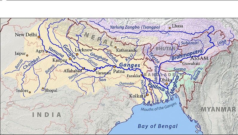 Map of the Tsangpo-Brahmaputra River traveling through Assam