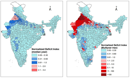 Multi-year drought impact is significantly greater than the year by year analysis shows. This suggests the fallacy of using average renewable supply as a metric to calculate water risk/stress. India water stress charts