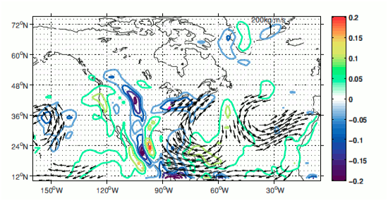 A composite of 17 major flood events at different times for the Ohio River shows a consistent moisture flow pattern. Through careful study of the timing and location of such patterns, scientists hope to develop flood prediction models for at-risk regions around the world. Source: J. Nakamura et al. Presentation to the American Geophysical Union, 2010. A composite map of 17 major flood events.