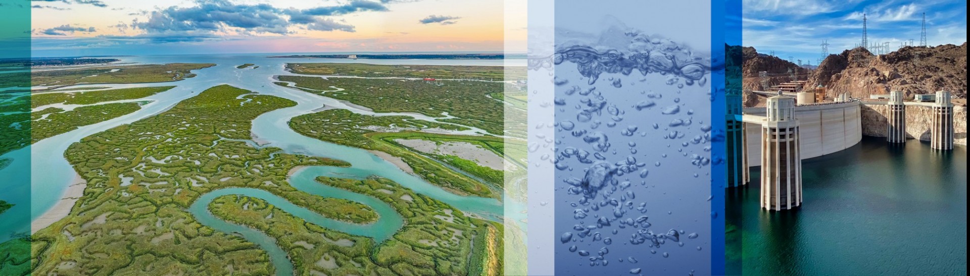 3 panels with different images of water