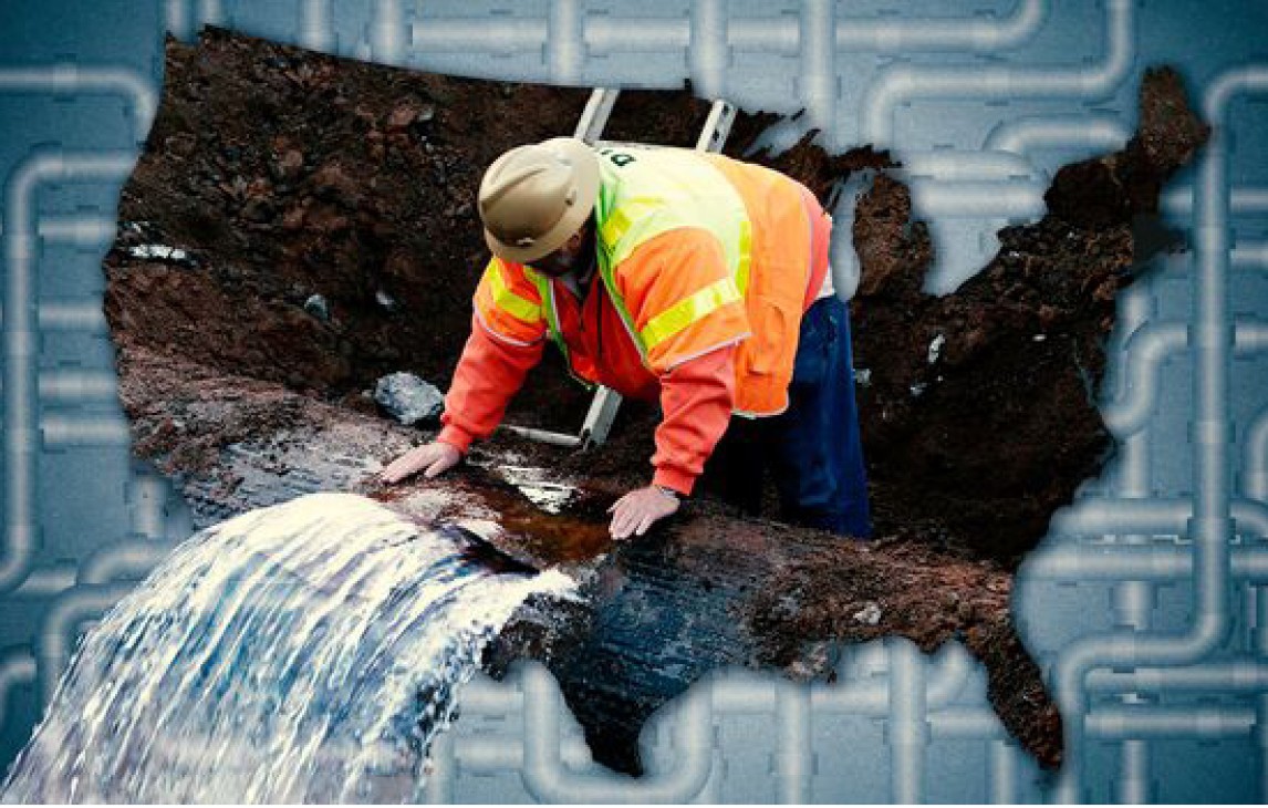 Worker looking at water leak with an outline of a map of the United States and schematic of pipes in the background.