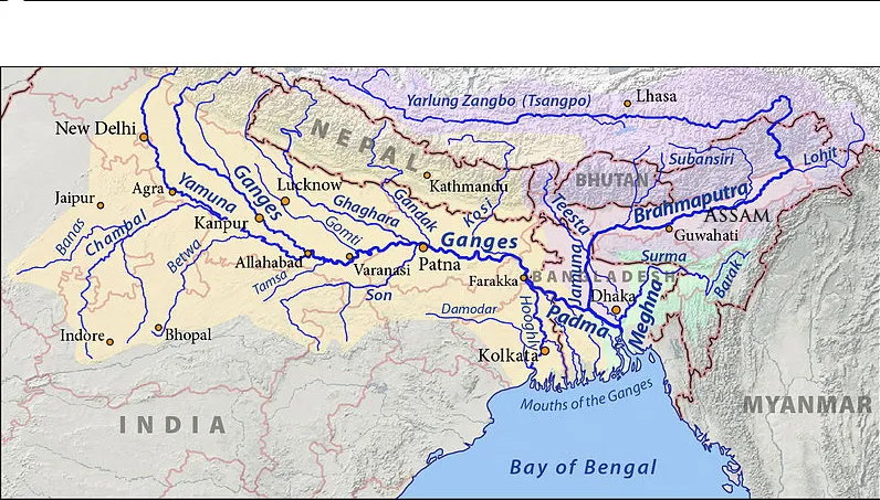 Map of the Tsangpo-Brahmaputra River traveling through Assam